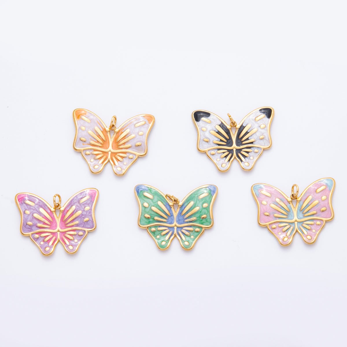 Gold Stainless Steel 48mm Orange & Green Enamel Mariposa Butterfly Dual Colors Charm | J232 J242 - DLUXCA