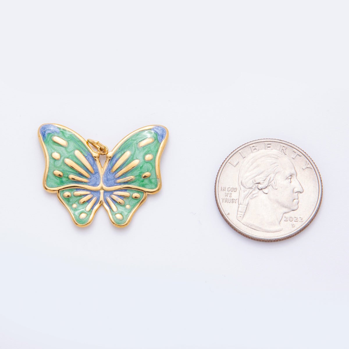 Gold Stainless Steel 48mm Orange & Green Enamel Mariposa Butterfly Dual Colors Charm | J232 J242 - DLUXCA