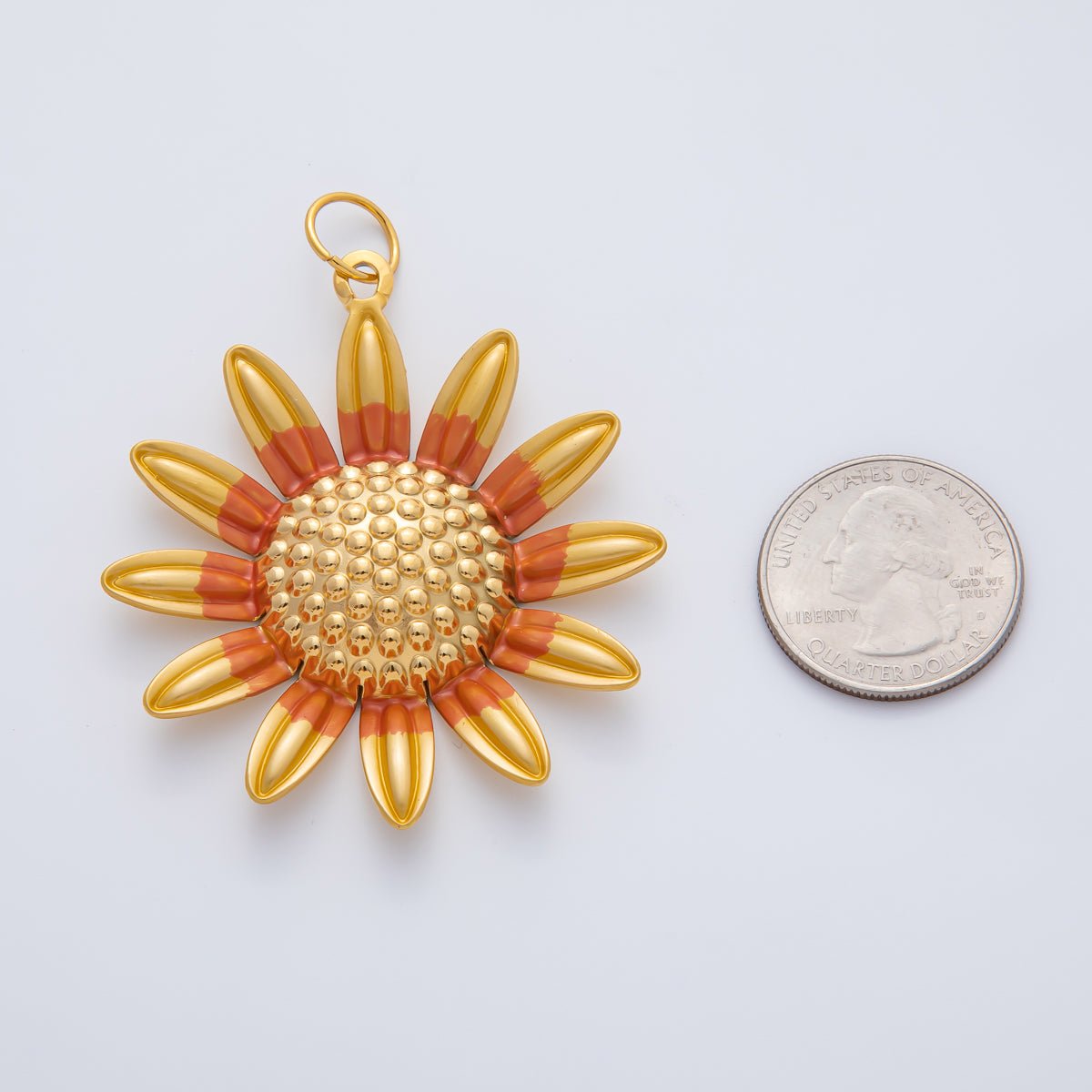 Gold Stainless Steel 57mm Big Yellow Orange Enamel Sunflower Charm Floral Pendant | J891 - DLUXCA