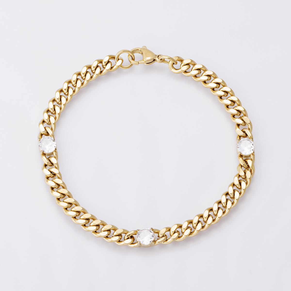 Gold Stainless Steel 6.3mm Triple CZ Curb Chain 8.5 Inch Bracelet | WA - 04171 - DLUXCA