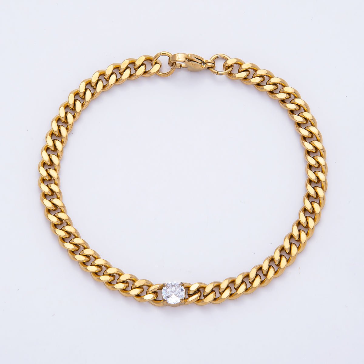 Gold Stainless Steel 6mm Clear CZ Curb Chain 8.86 Inch Bracelet | WA - 04159 - DLUXCA