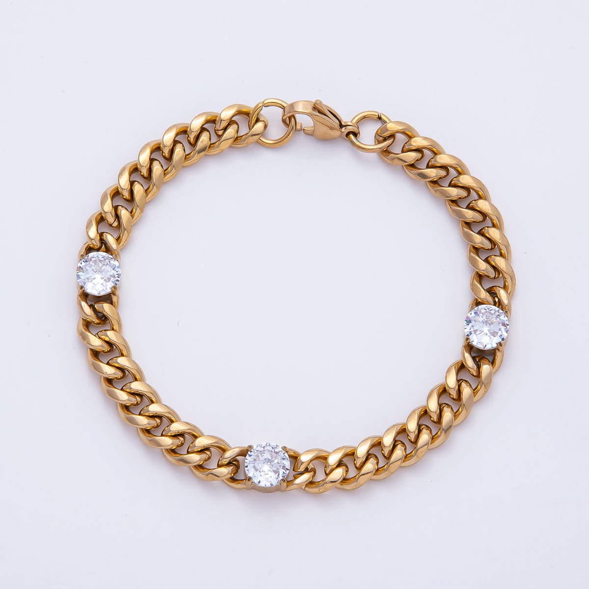 Gold Stainless Steel 8mm Triple CZ Curb Chain 8.66 Inch Bracelet | WA - 04036 - DLUXCA