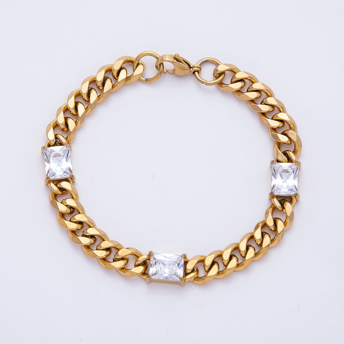 Gold Stainless Steel 9mm Triple Baguette CZ Curb Chain 8.86 Inch Bracelet | WA - 04162 - DLUXCA