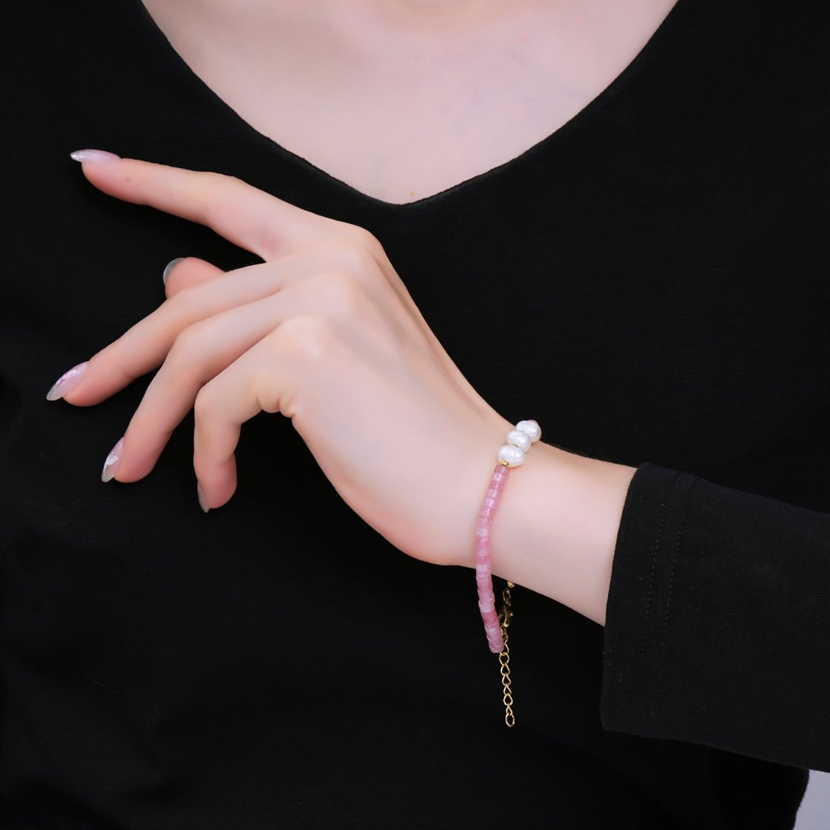Gold Stainless Steel Aquamarine, Pink Jade Gemstone Beaded Pearl Bracelet | WA - 1347 WA - 1360 - DLUXCA