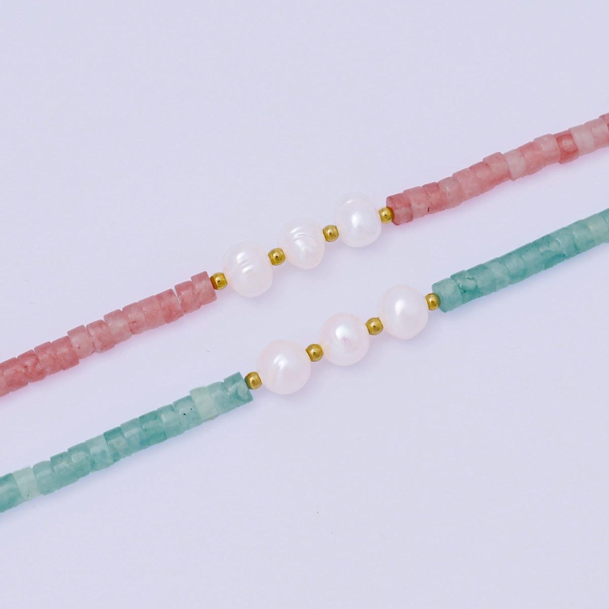 Gold Stainless Steel Aquamarine, Pink Jade Gemstone Beaded Pearl Bracelet | WA - 1347 WA - 1360 - DLUXCA