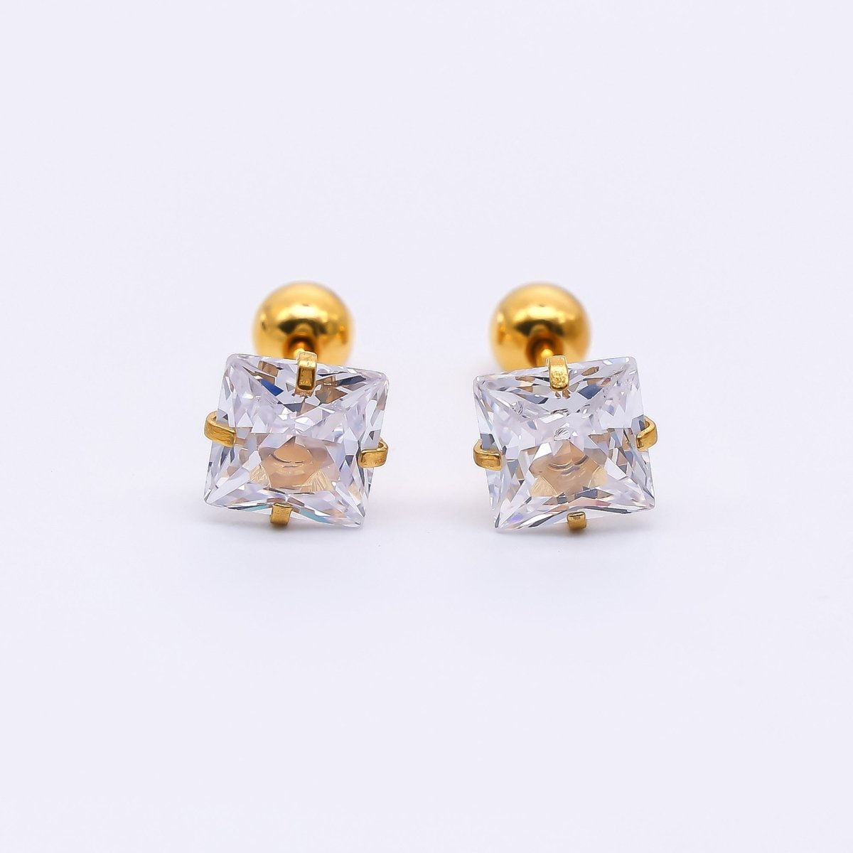 Gold Stainless Steel Cube CZ Radiant Dainty Stud Earrings | AB1583 - DLUXCA