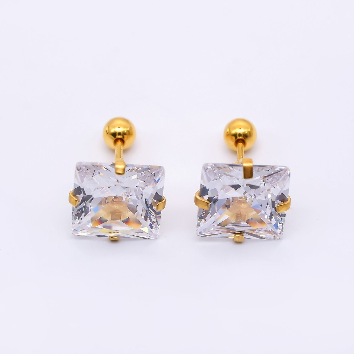 Gold Stainless Steel Cube CZ Radiant Dainty Stud Earrings | AB1583 - DLUXCA