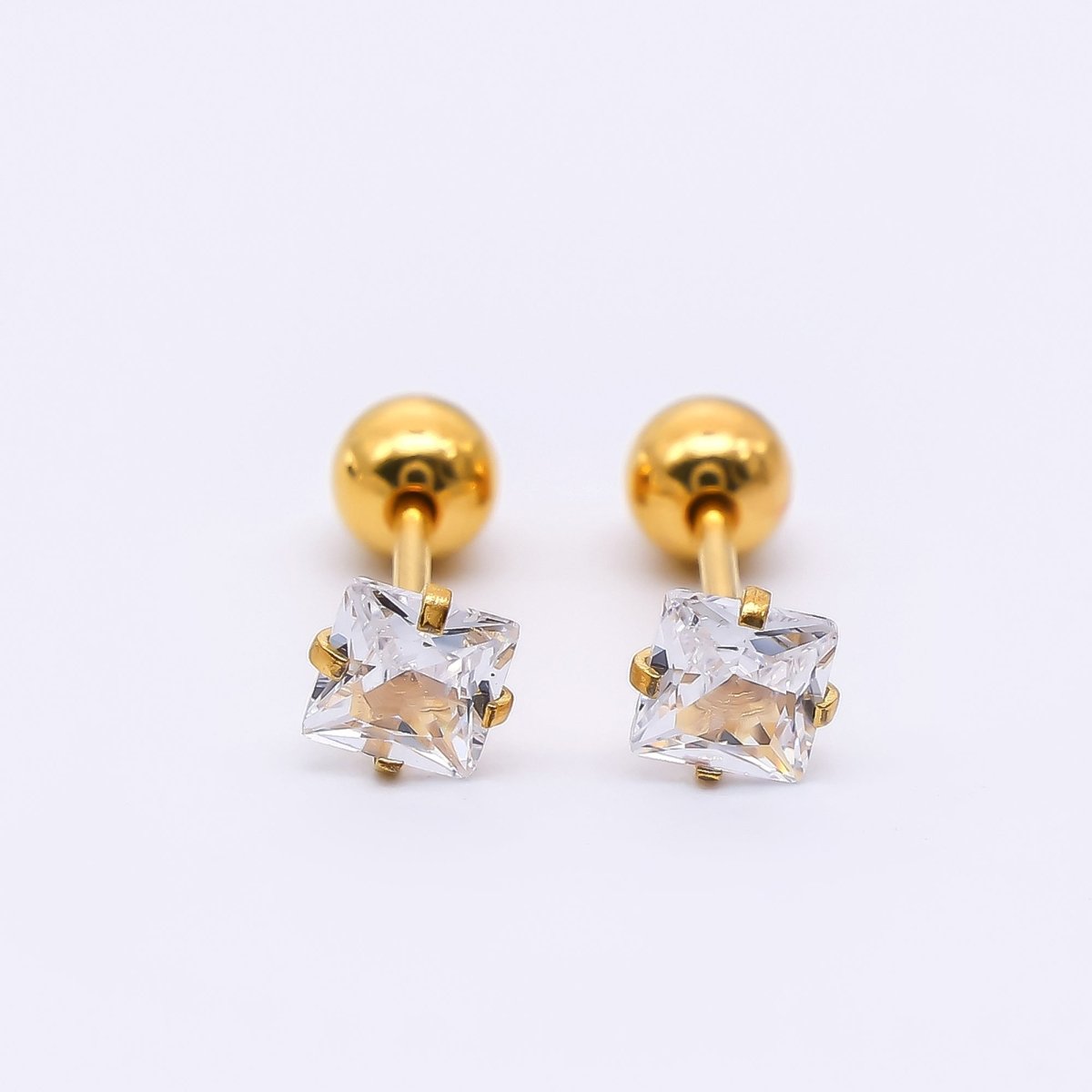 Gold Stainless Steel Cube CZ Radiant Dainty Stud Earrings | AB1583 - DLUXCA