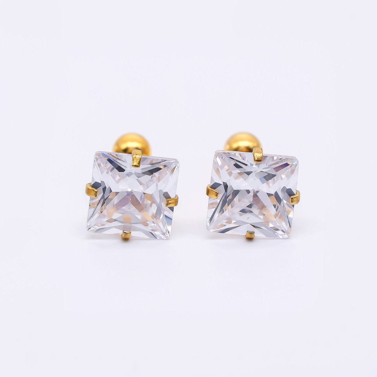 Gold Stainless Steel Cube CZ Radiant Dainty Stud Earrings | AB1583 - DLUXCA