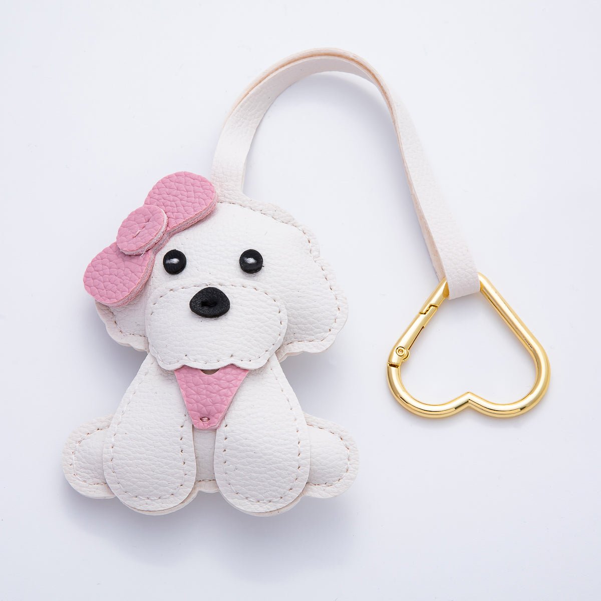 Gold Stainless Steel Handcrafted Leather Pink Puppy Little Dog Drop Keychain Accessories | WB - 00138 - DLUXCA