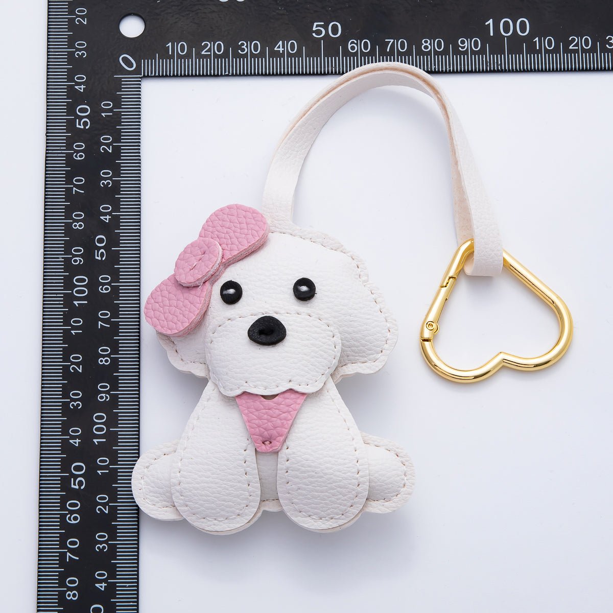 Gold Stainless Steel Handcrafted Leather Pink Puppy Little Dog Drop Keychain Accessories | WB - 00138 - DLUXCA
