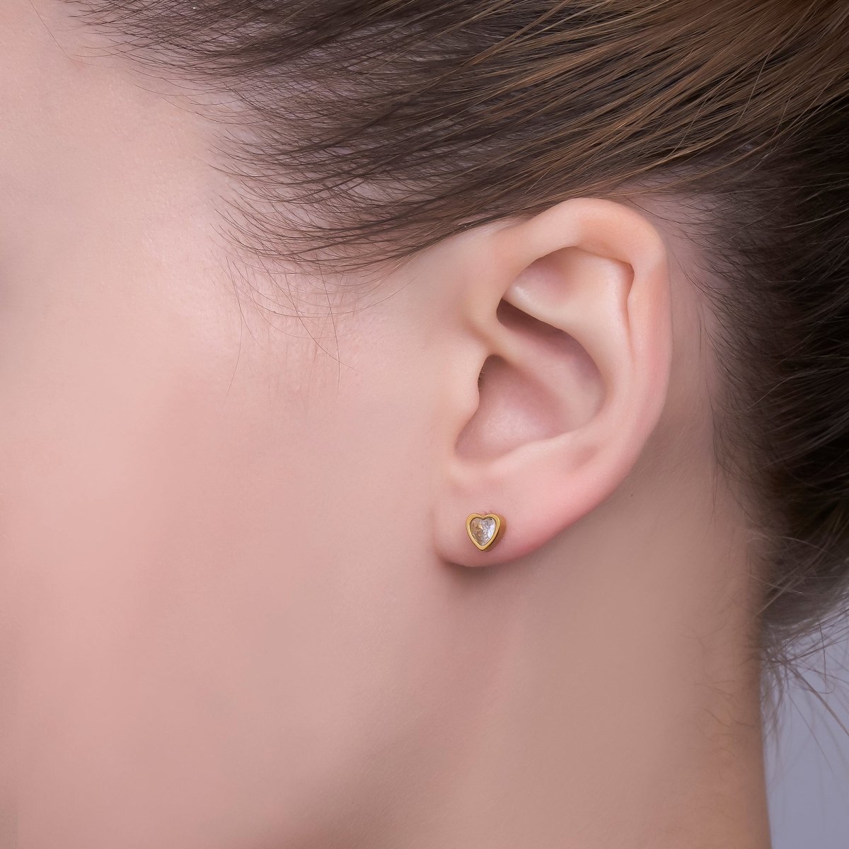 Gold Stainless Steel Heart - Shaped CZ Lovely Framed Stud Earrings | AB1585 - DLUXCA