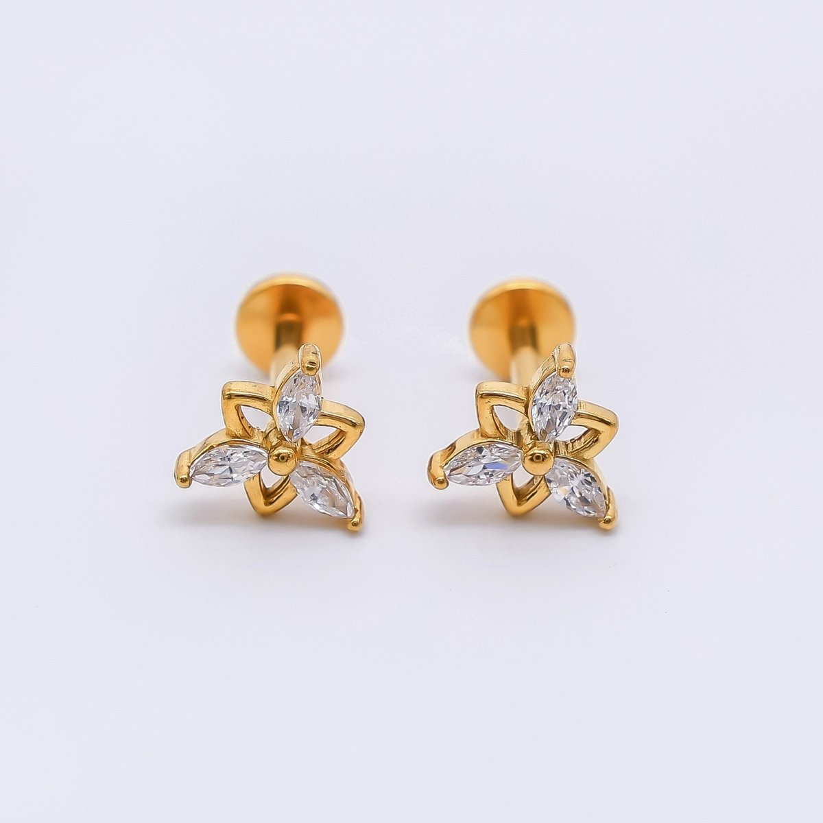 Gold Stainless Steel Marquise CZ Blooming Petals Floral Stud Earrings | AB1586 - DLUXCA