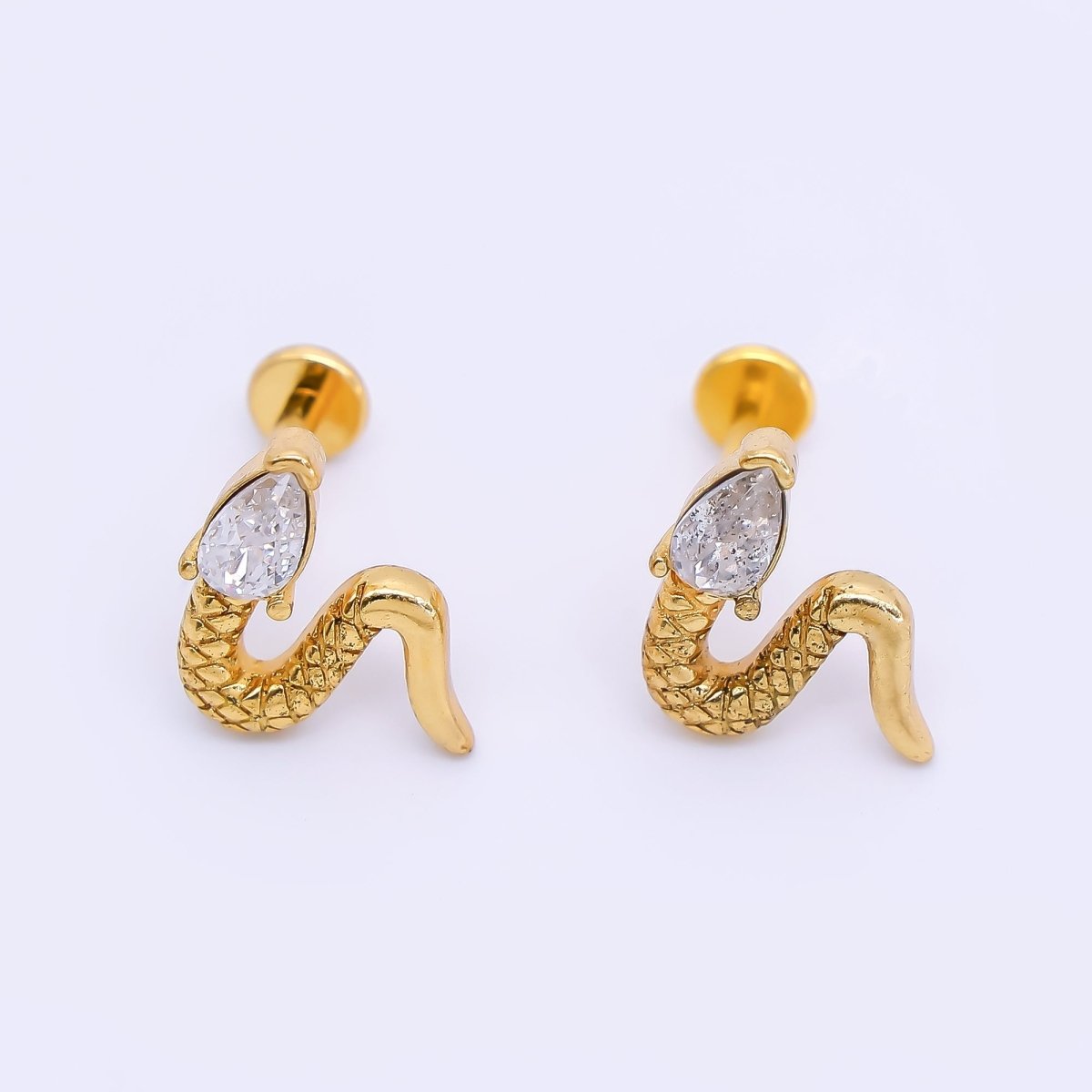 Gold Stainless Steel Pear - Cut CZ Dainty Venomous Snake Stud Earrings | AB1587 - DLUXCA