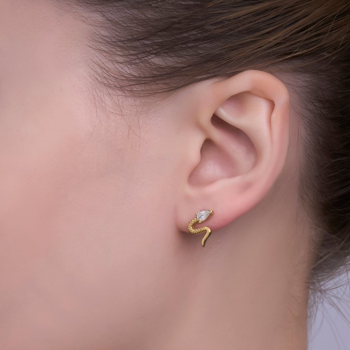 Gold Stainless Steel Pear - Cut CZ Dainty Venomous Snake Stud Earrings | AB1587 - DLUXCA