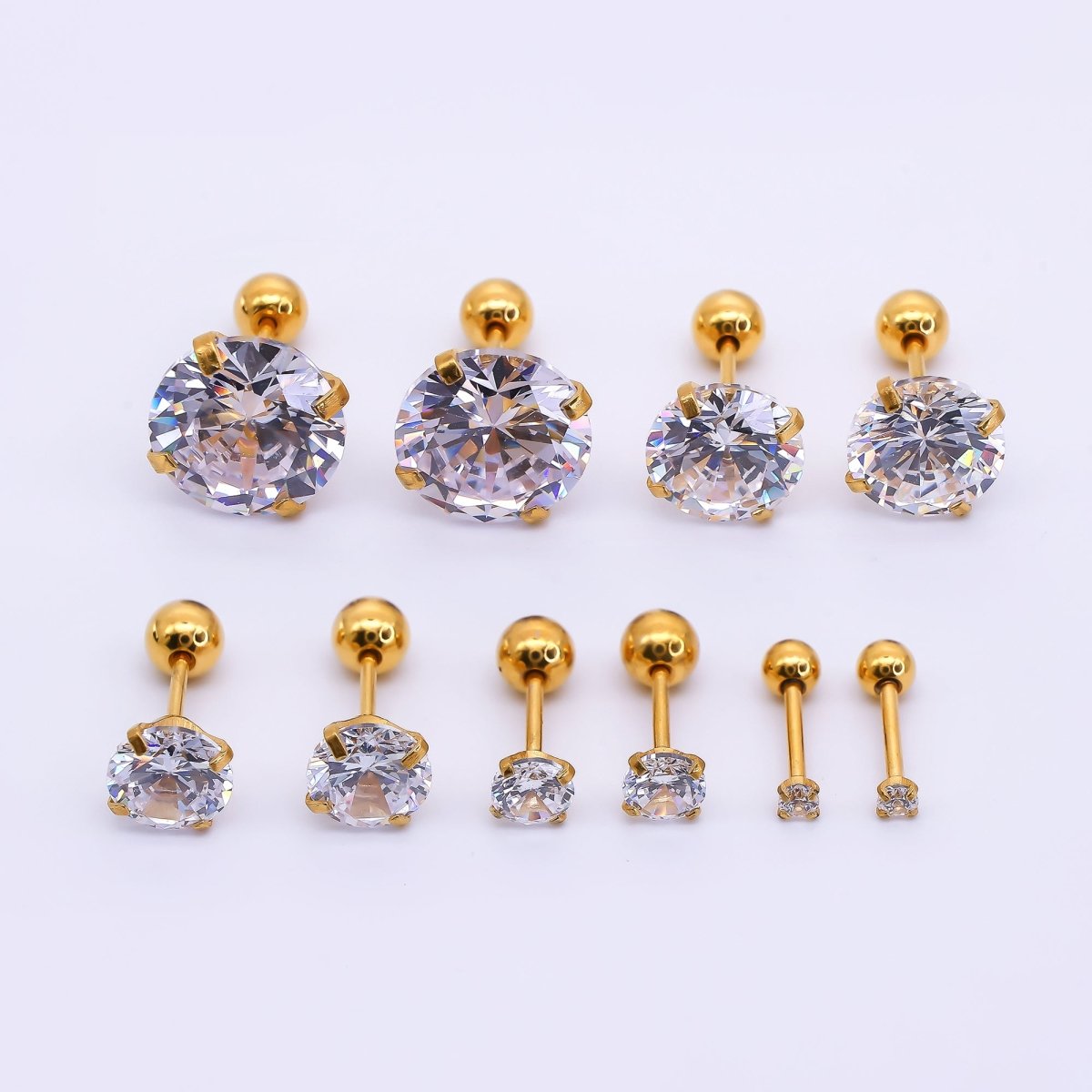 Gold Stainless Steel Round CZ Classic Stud Earrings in Various Sizes | AB1567 - AB1571 - DLUXCA