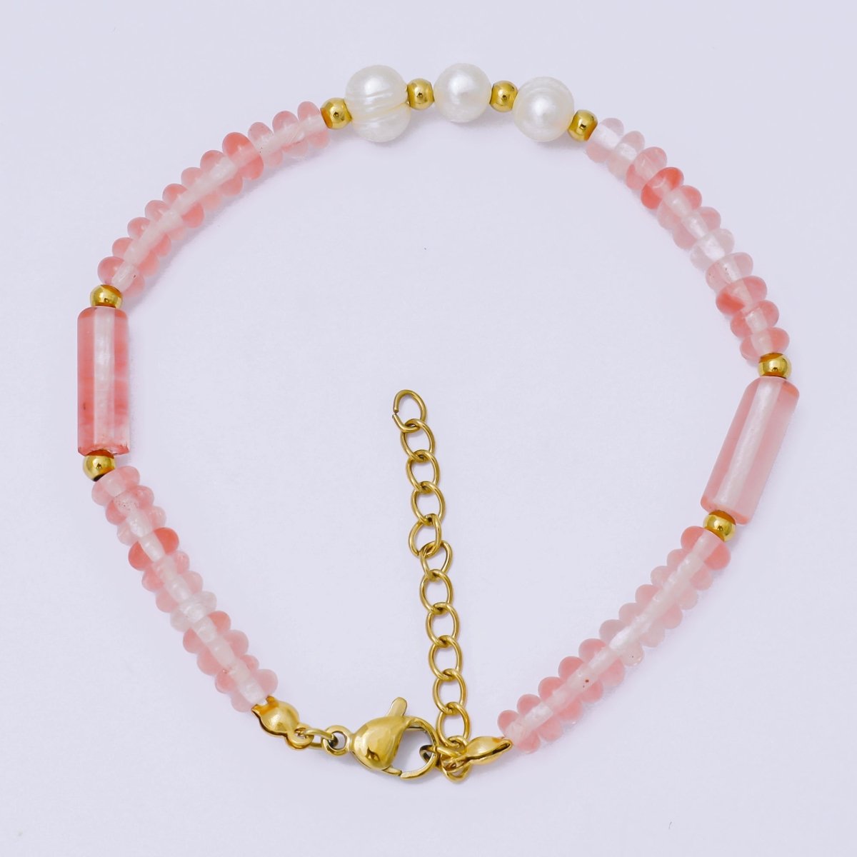 Gold Stainless Steel Watermelon Red Gemstone Tube Beaded Pearl Bracelet | WA - 1346 - DLUXCA
