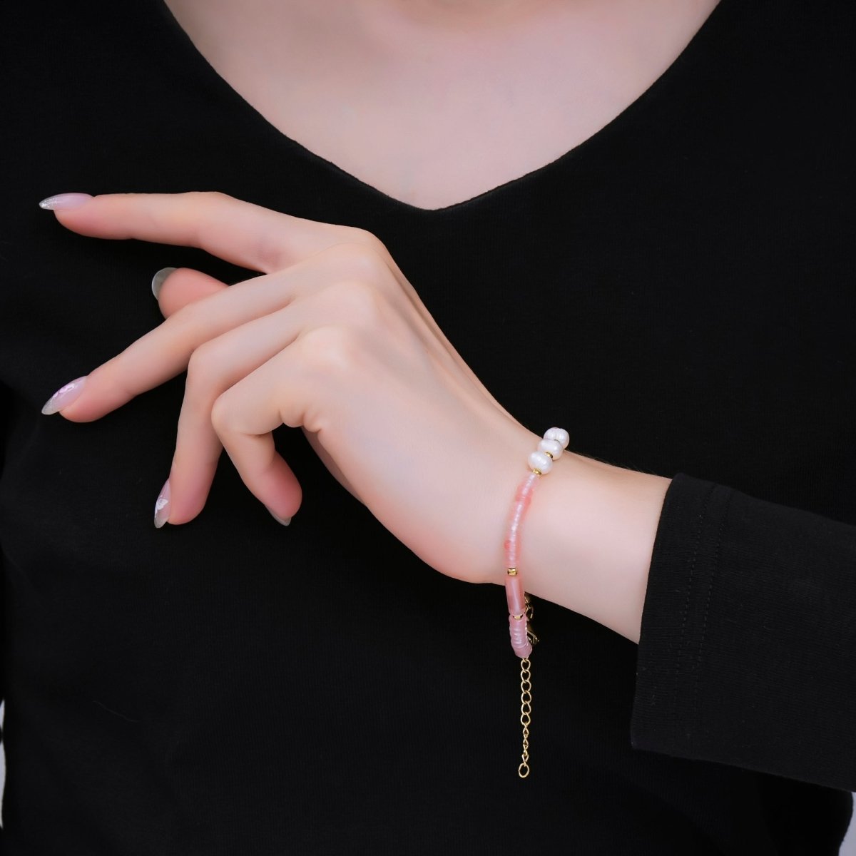 Gold Stainless Steel Watermelon Red Gemstone Tube Beaded Pearl Bracelet | WA - 1346 - DLUXCA