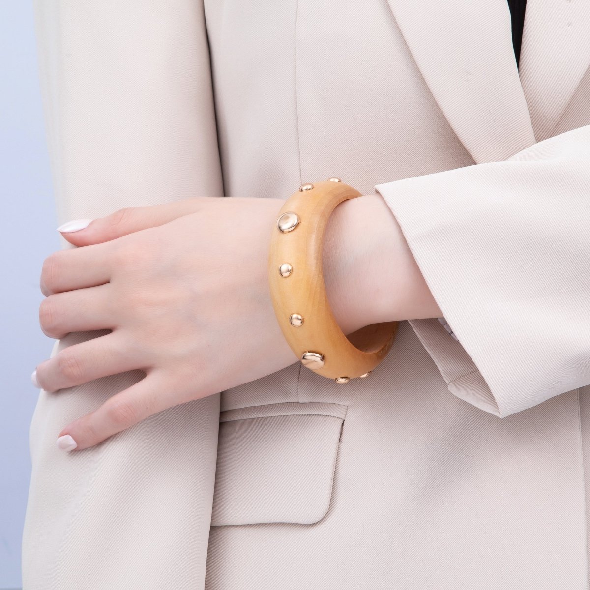 Gold Studded Wood Bangle Stackable Bracelet | WA - 04310 - DLUXCA