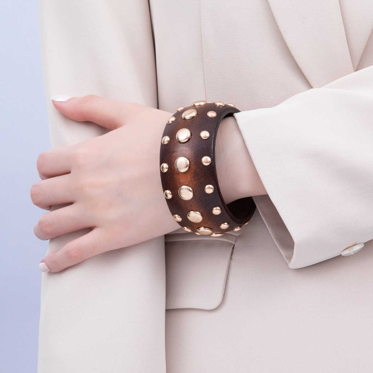 Gold Studded Wood Bangle Statement Bracelet | WA - 04314 - DLUXCA