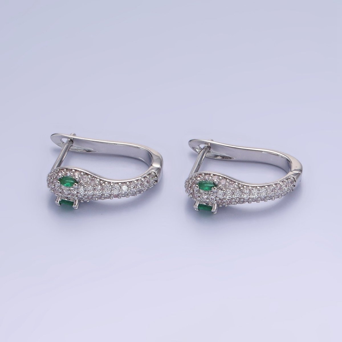 Green CZ-Eyed Micro Paved Snake English Lock Earrings in Gold & Silver | P488 - DLUXCA