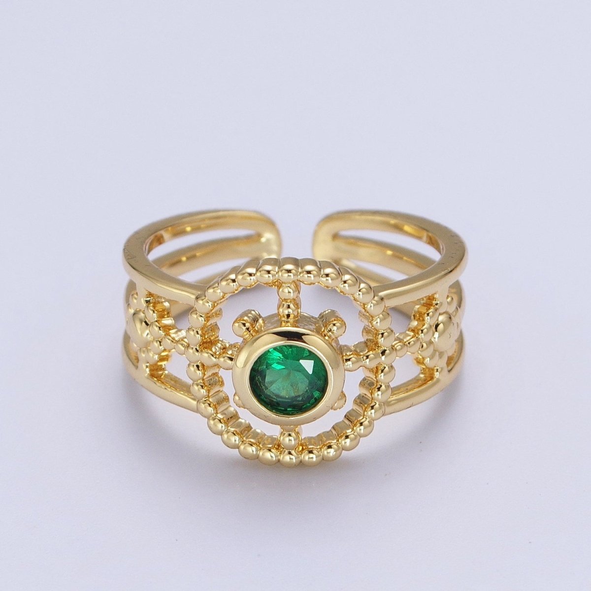 Green, Pink, Blue, Fuchsia, Purple, Black CZ Beaded Bubble Celestial Sun Flower Double Band Ring | O078 - O083 - DLUXCA