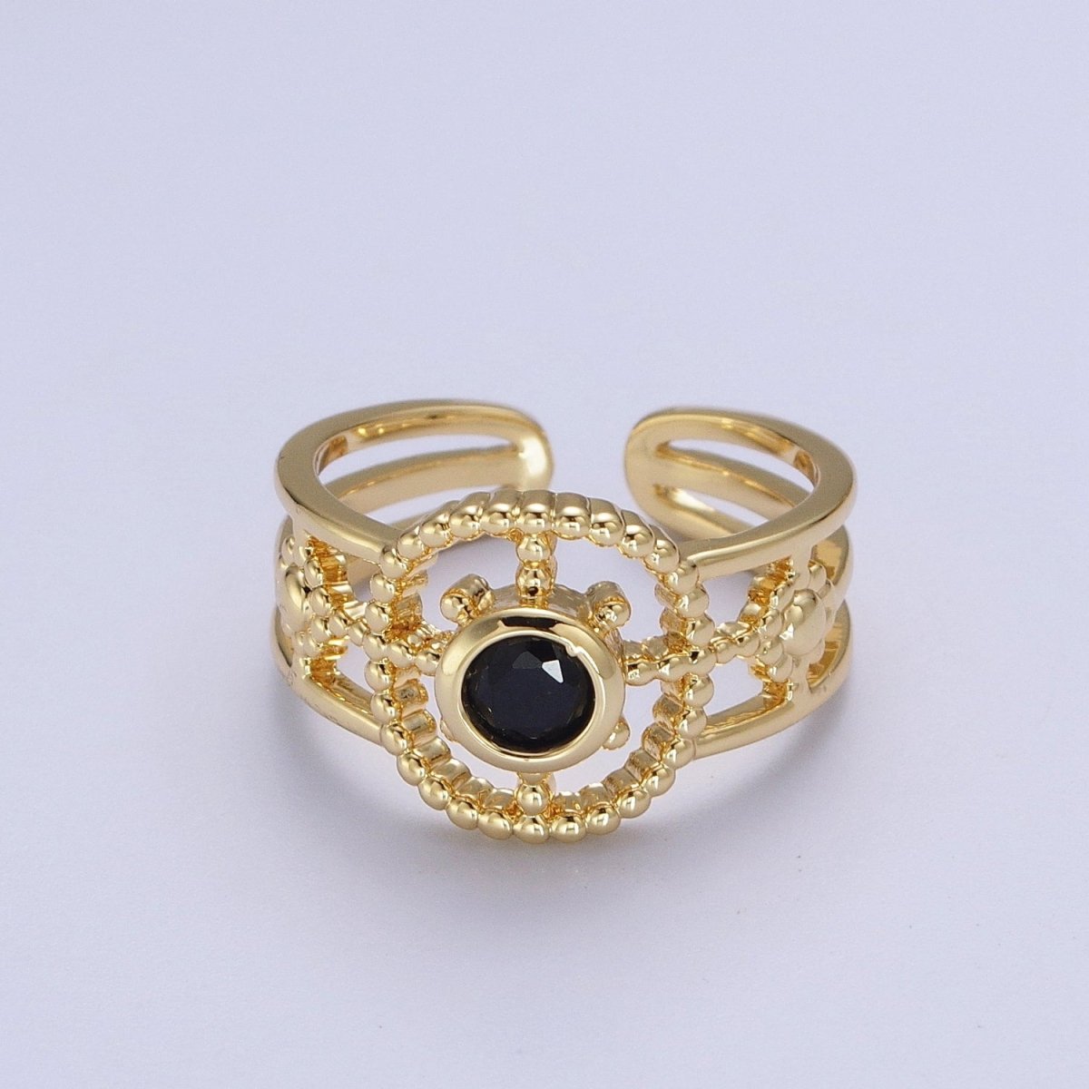 Green, Pink, Blue, Fuchsia, Purple, Black CZ Beaded Bubble Celestial Sun Flower Double Band Ring | O078 - O083 - DLUXCA