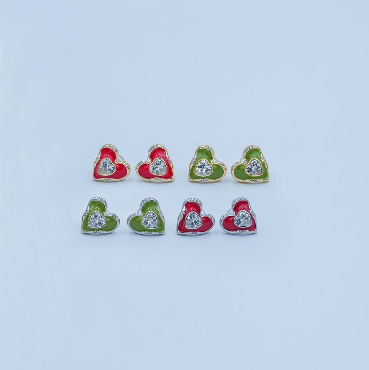 Green, Red Enamel CZ Molten Heart Stud Earrings in Gold & Silver | AE248 - AE252 - DLUXCA
