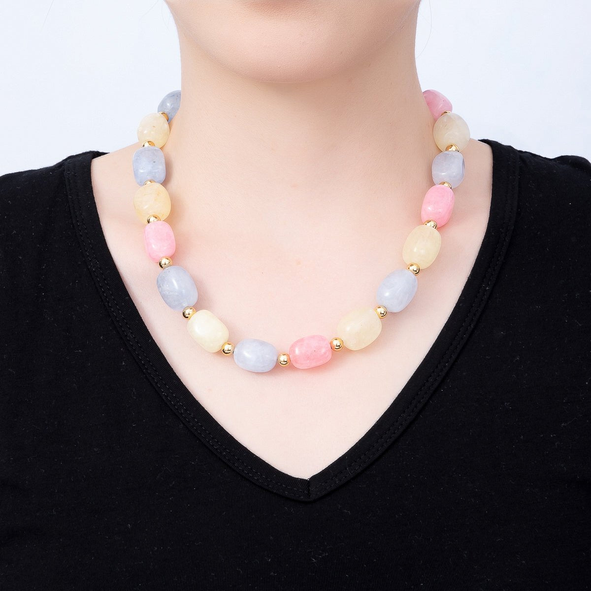 Handmade 12mm Pastel Multicolor Agate Gemstone Chain w. Sailor Clasps Charm Holder 20 Inch Necklace | WA-00502 - DLUXCA
