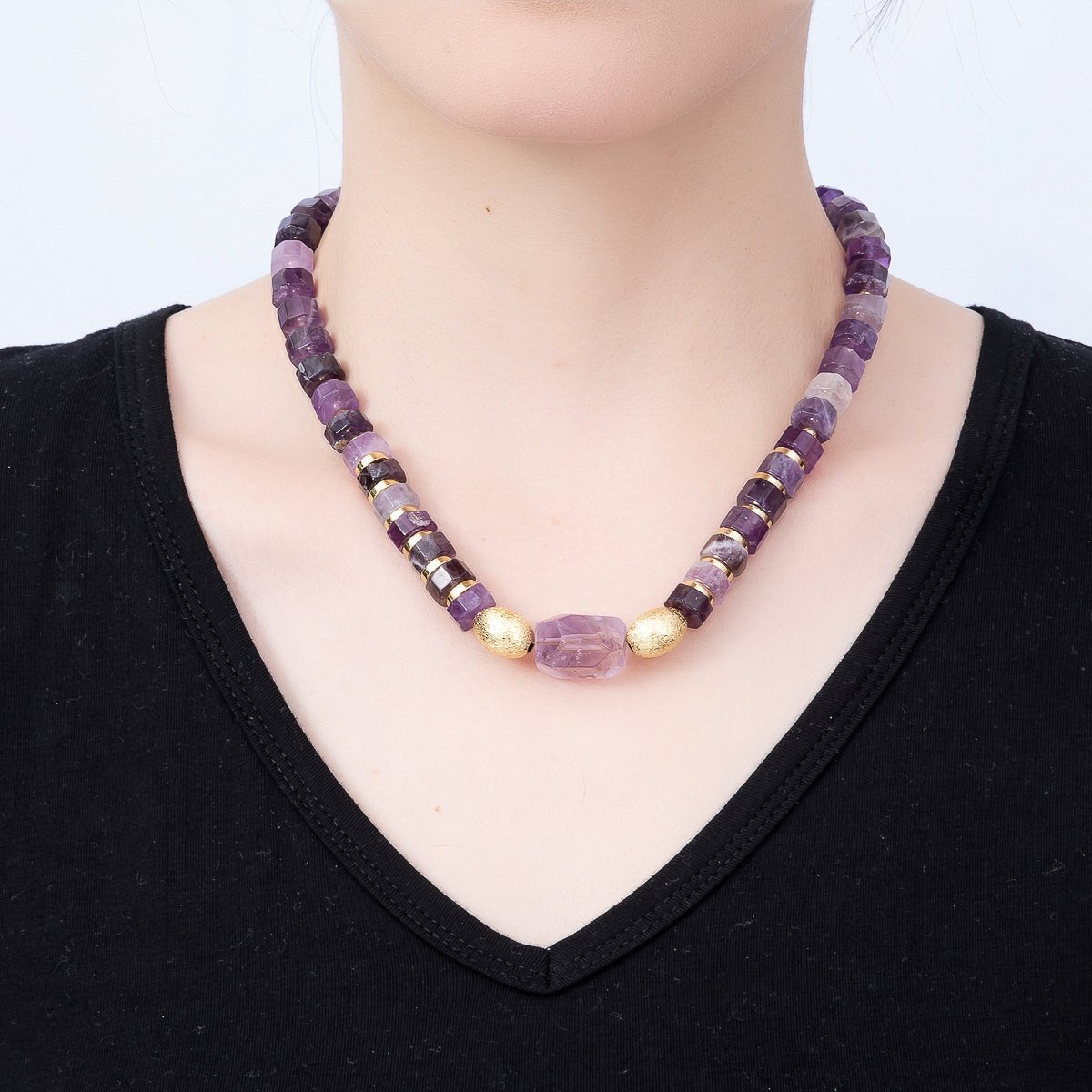 Handmade 16K Gold Filled Amethyst Tube Gemstone Chain 18 Inch Necklace | WA-01481 - DLUXCA