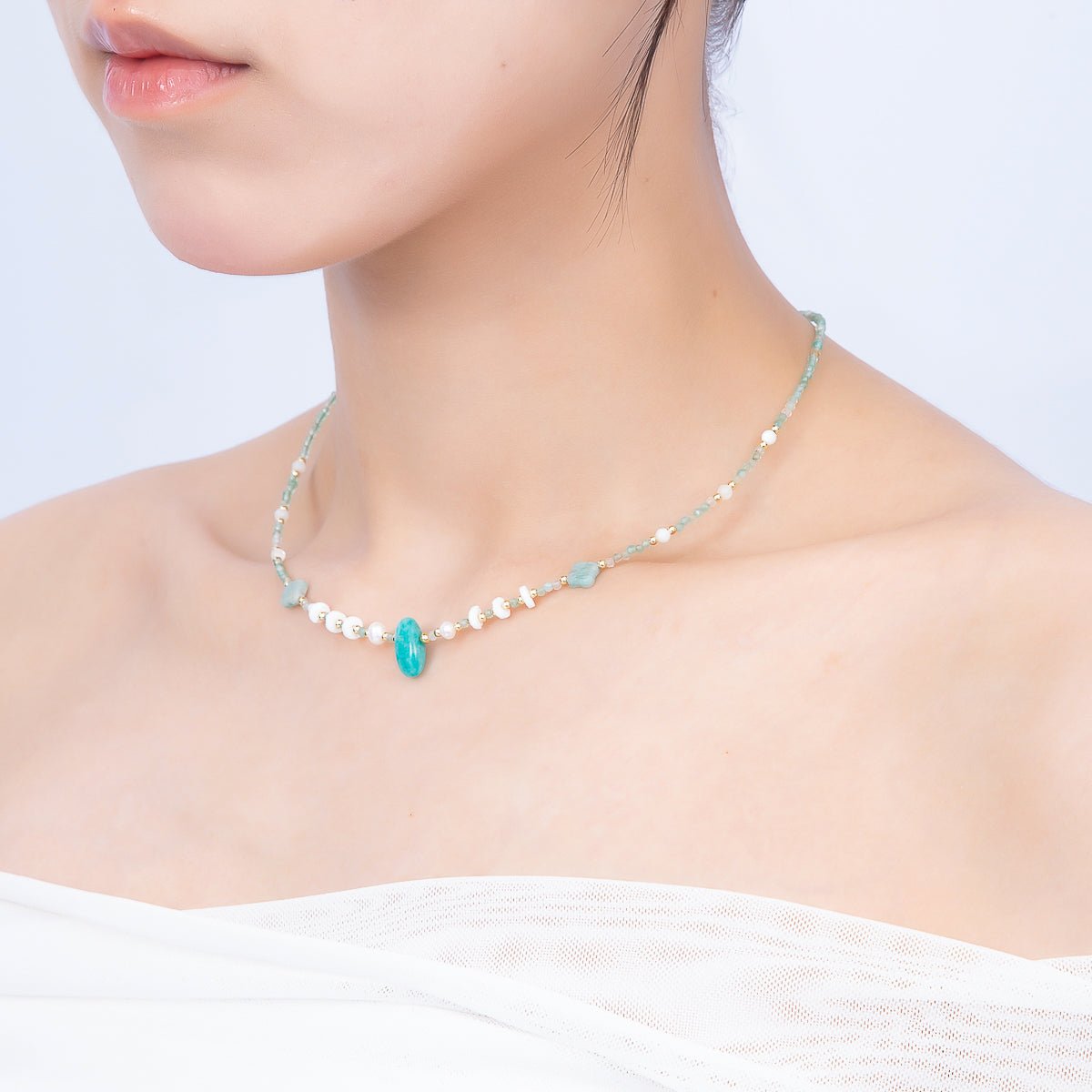 Handmade 2mm Amazonite Shell Pearl Bead Gemstone Chain 16 Inch Necklace | WA-04735 - DLUXCA