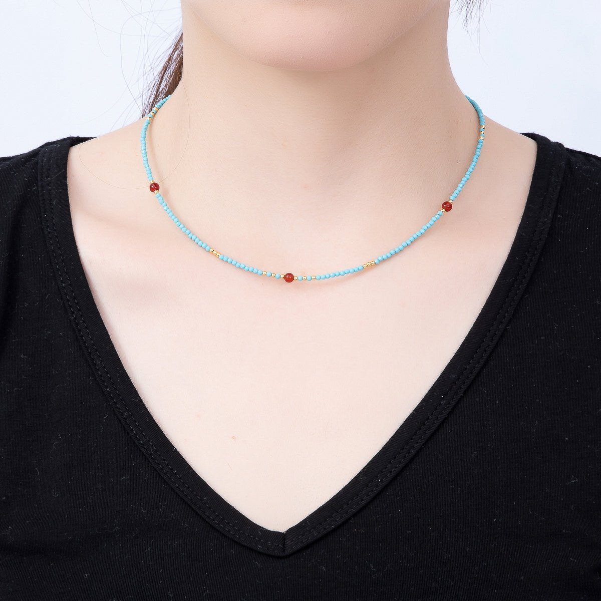 Handmade 2mm Blue Turquoise Red Carnelian Multifaceted Round Bead Gemstone Chain 16 Inch Necklace | WA-00286 - DLUXCA
