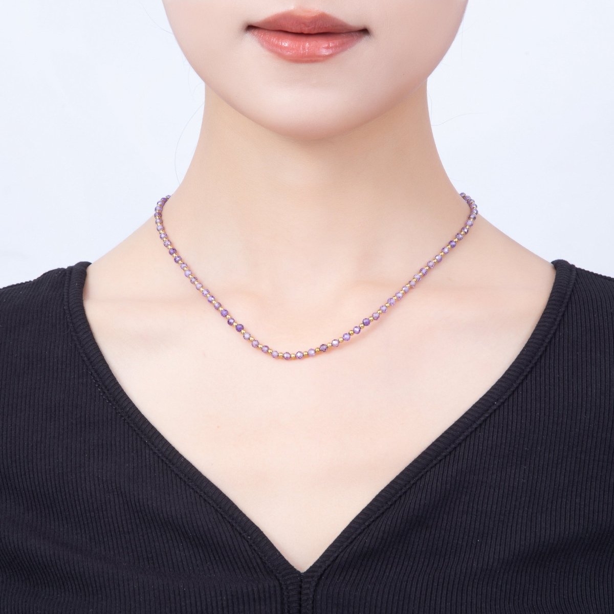 Handmade 3mm Red Carnelian, Purple Amethyst, Green Peridot Multifaceted Crystal Bead Gemstone Chain 16 Inch Necklace | WA-02285 ~ WA-02350 - DLUXCA