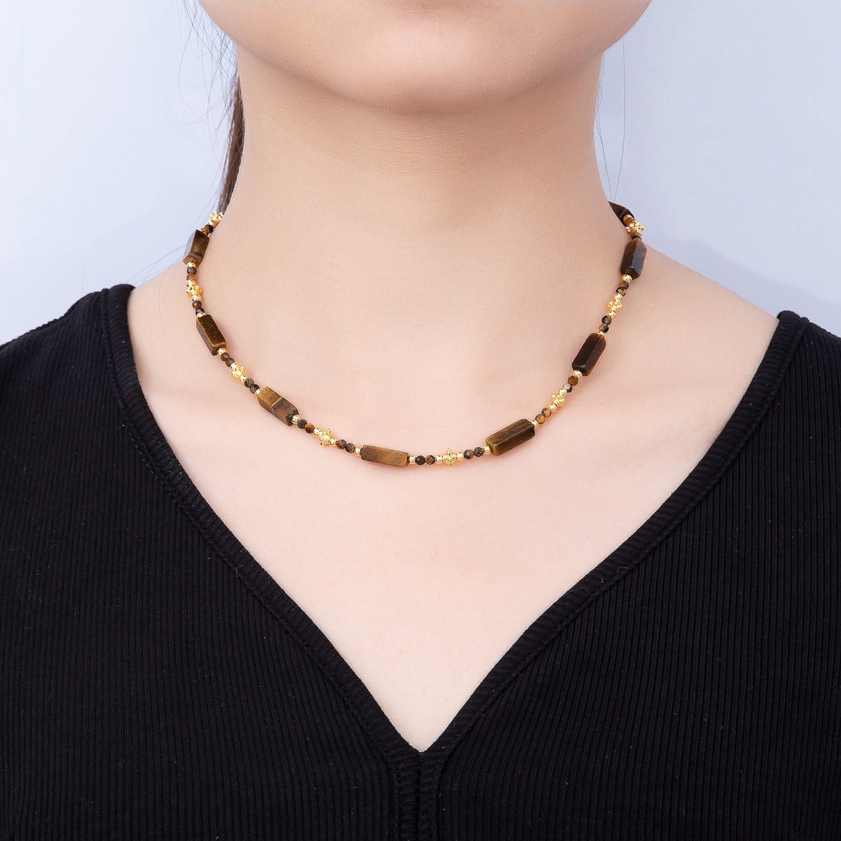 Handmade 3mm Tiger Eye Tube Rectangle Multifaceted Round Gemstone Chain 16.5 Inch Necklace | WA-00427 - DLUXCA
