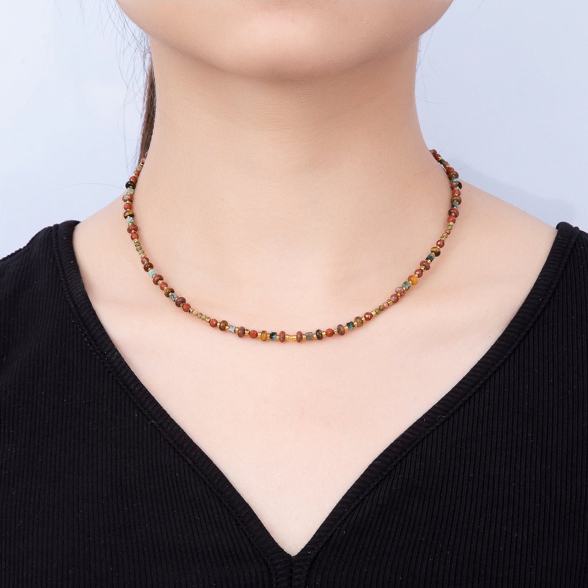 Handmade 4mm Earth Red Jasper Unakite Rondelle Gemstone Chain 16 Inch Necklace | WA-00459 - DLUXCA
