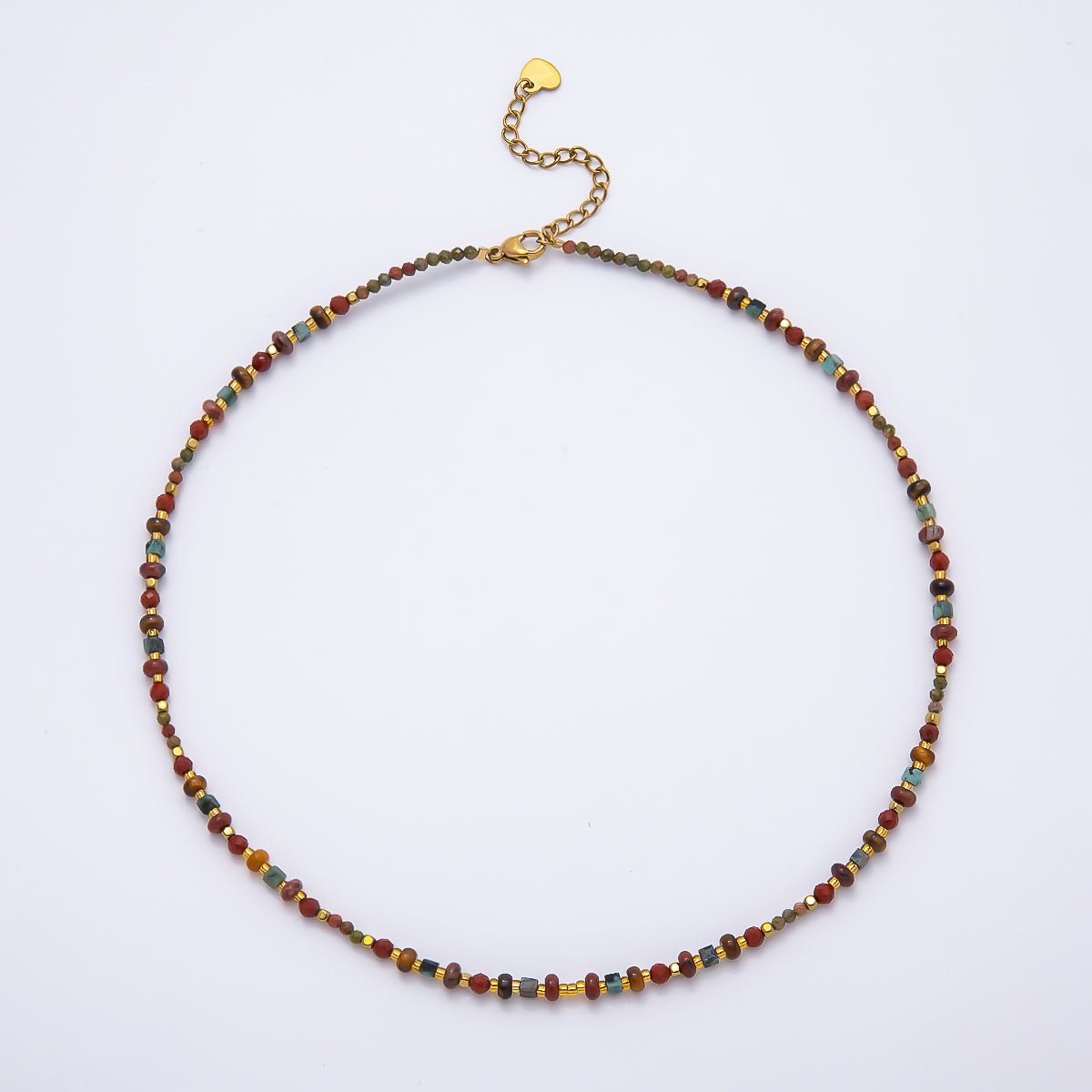 Handmade 4mm Earth Red Jasper Unakite Rondelle Gemstone Chain 16 Inch Necklace | WA-00459 - DLUXCA