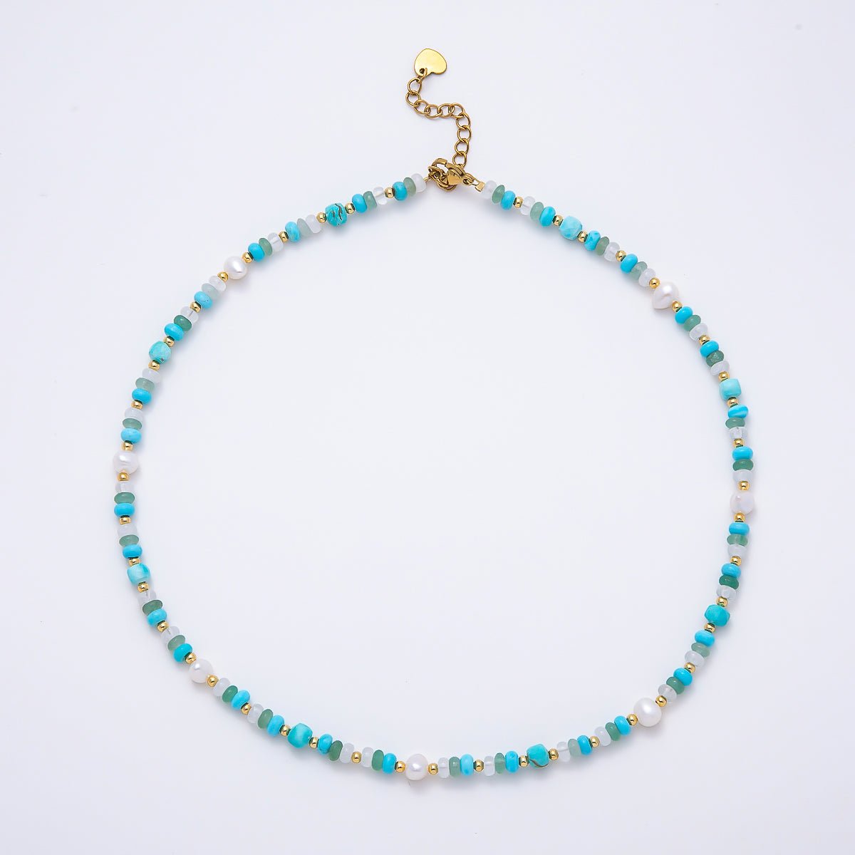 Handmade 4mm Shell Pearl Turquoise Aventurine Clear Quartz Rondelle Gemstone Chain 16 Inch Necklace | WA-00451 - DLUXCA