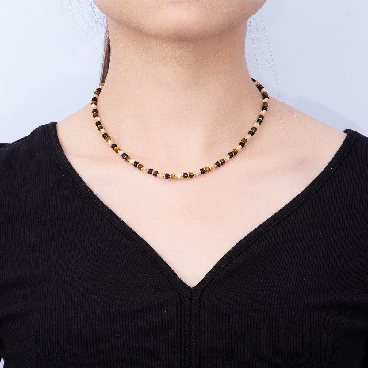 Handmade 4mm Tiger Eye Onyx Tube Rondelle Gemstone Chain 16 Inch Necklace | WA-00436 - DLUXCA