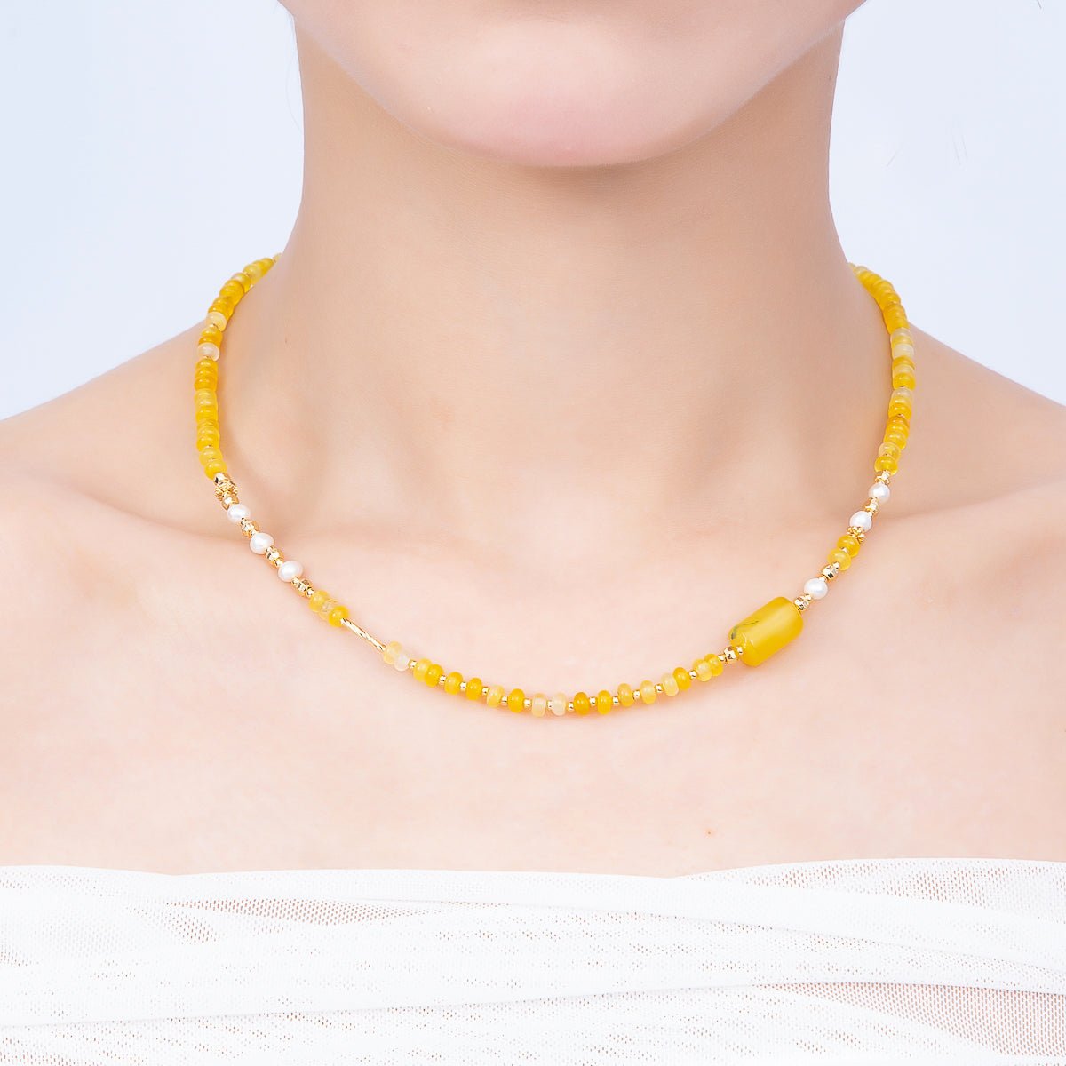 Handmade 4mm Yellow Citrine Shell Pearl Rondelle Gemstone Chain 16 Inch Necklace | WA-04734 - DLUXCA