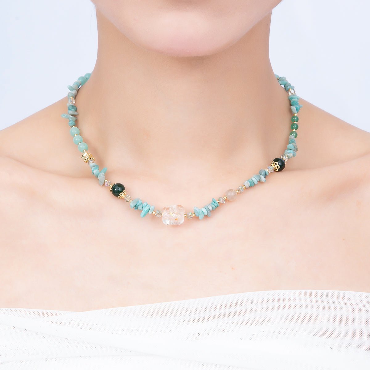 Handmade 5mm Blue Amazonite Multi Round Pebble Gemstone Chain 16 Inch Necklace | WA-04741 - DLUXCA