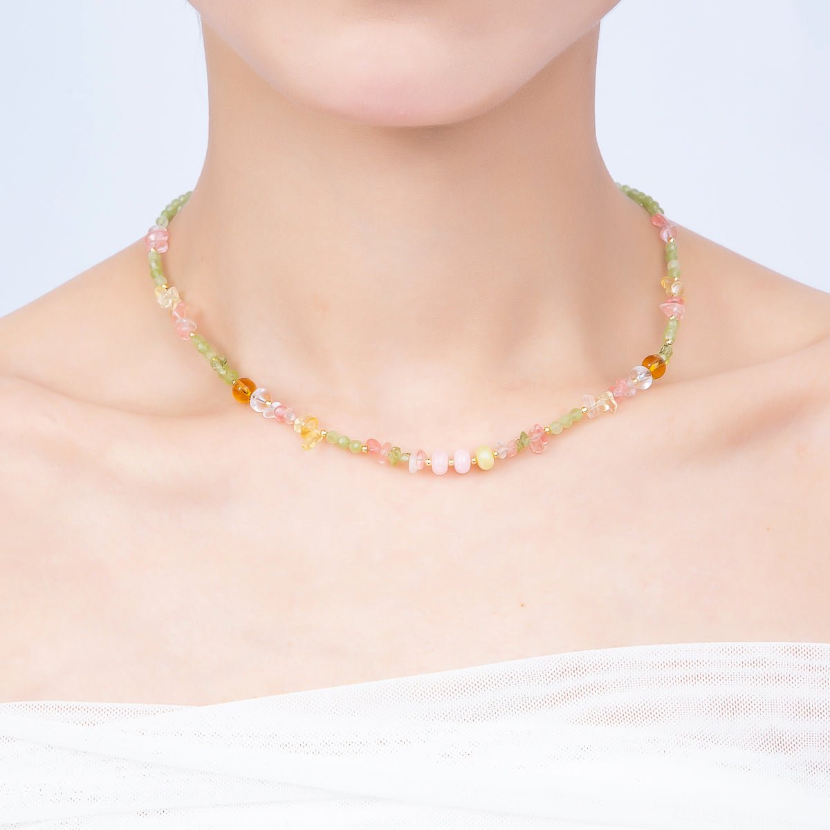 Handmade 5mm Pink Quartz Green Peridot Earth Tone Rondelle Pebble Multi Gemstone Chain 16 Inch Necklace | WA-04733 - DLUXCA