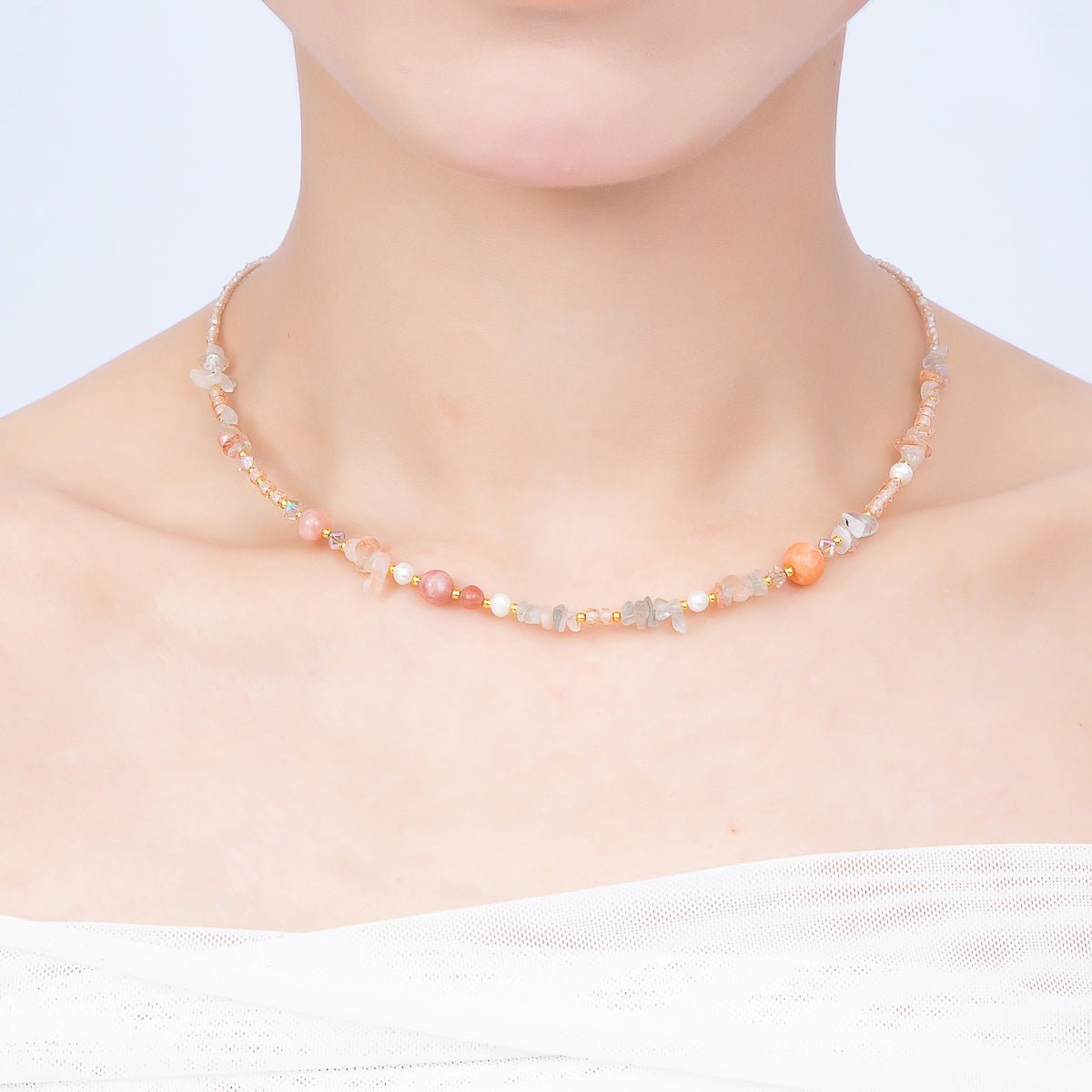 Handmade 5mm Shell Pearl Pink Quartz Blue Aquamarine Round Pebble Gemstone Chain 16 Inch Necklace | WA-04737 - DLUXCA