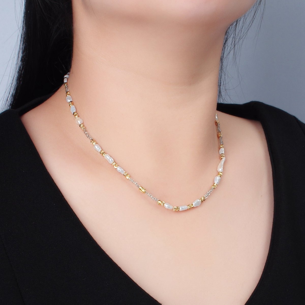 Handmade Bead Chain Necklace with Mother of Pearl 15.55 Inch with Extender | WA2586 - DLUXCA