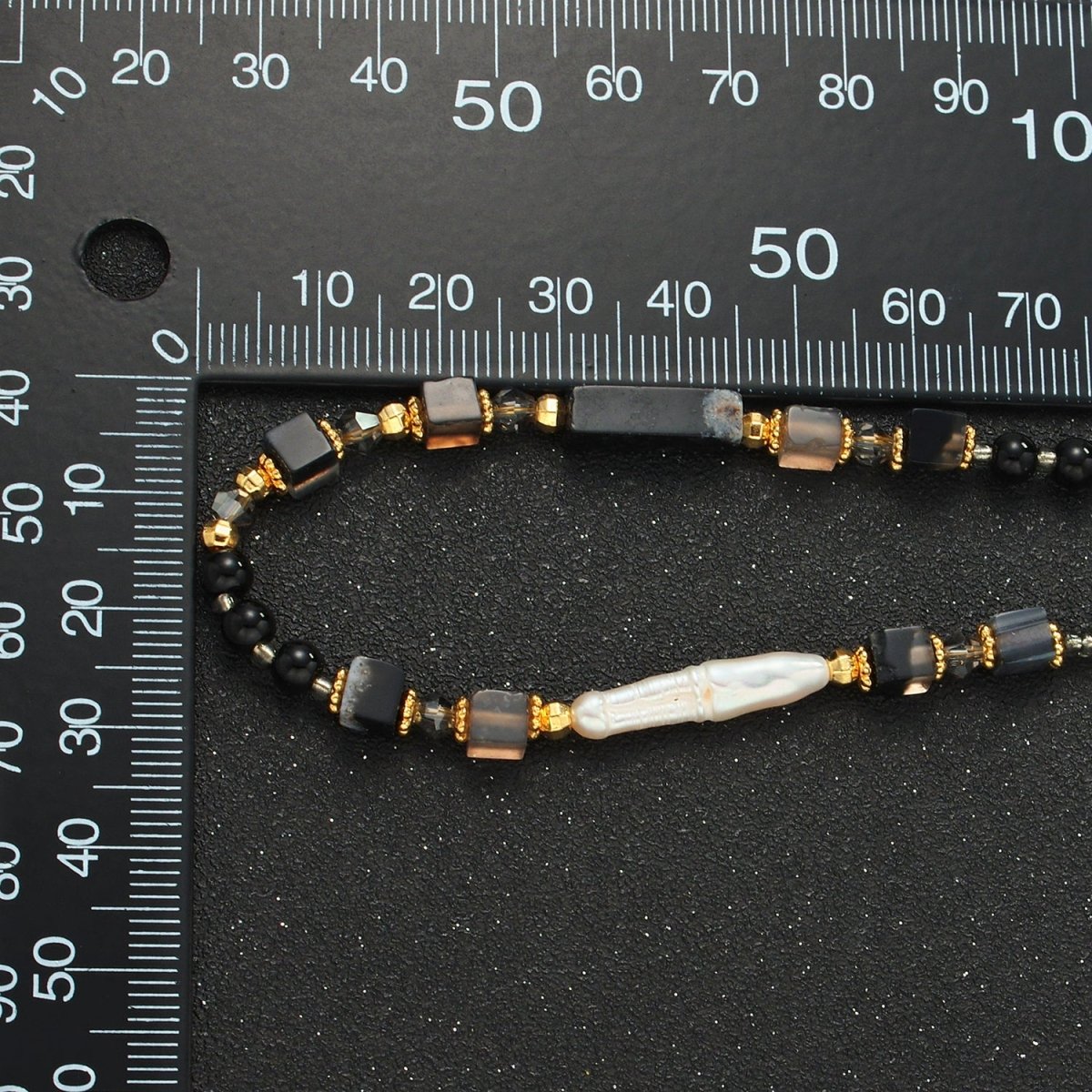 Handmade Black Onyx Beaded Chain Necklace with Mother of Pearl 14.96 Inch with Extender | WA2579 - DLUXCA