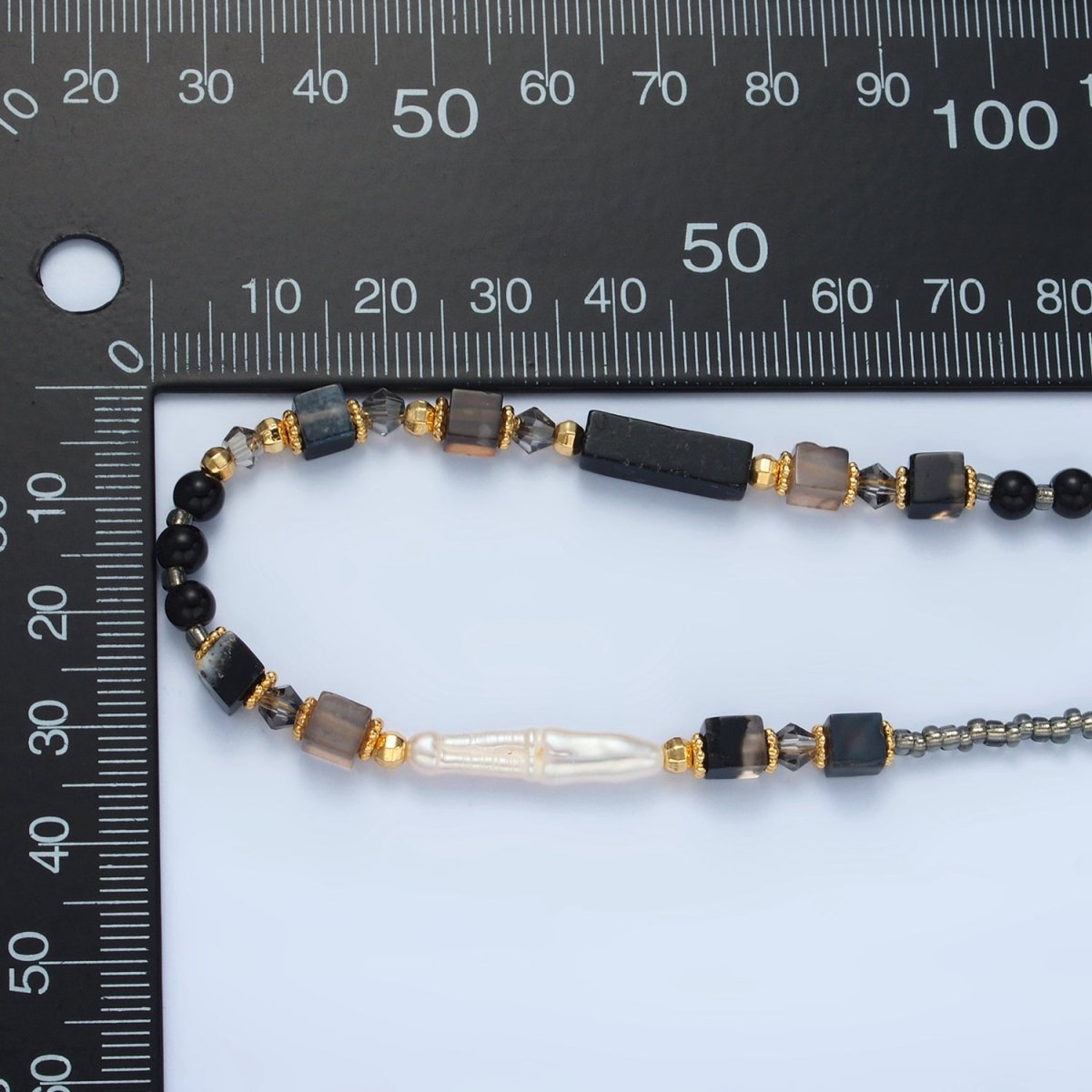 Handmade Black Onyx Beaded Chain Necklace with Mother of Pearl 14.96 Inch with Extender | WA2579 - DLUXCA