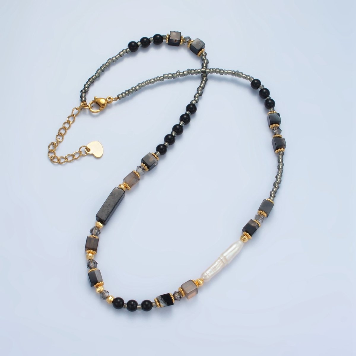 Handmade Black Onyx Beaded Chain Necklace with Mother of Pearl 14.96 Inch with Extender | WA2579 - DLUXCA