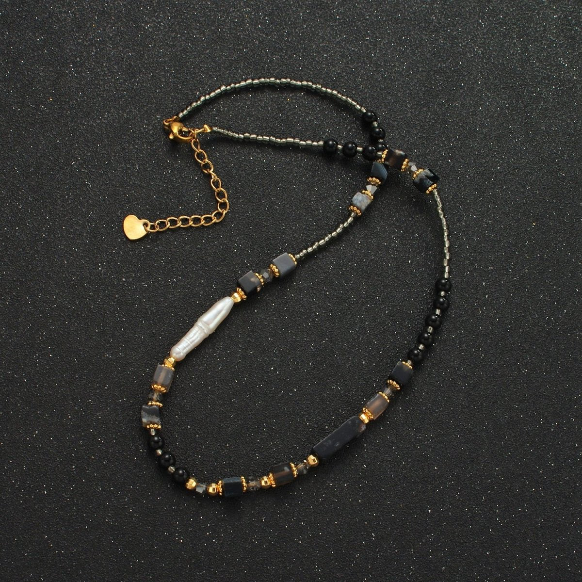 Handmade Black Onyx Beaded Chain Necklace with Mother of Pearl 14.96 Inch with Extender | WA2579 - DLUXCA