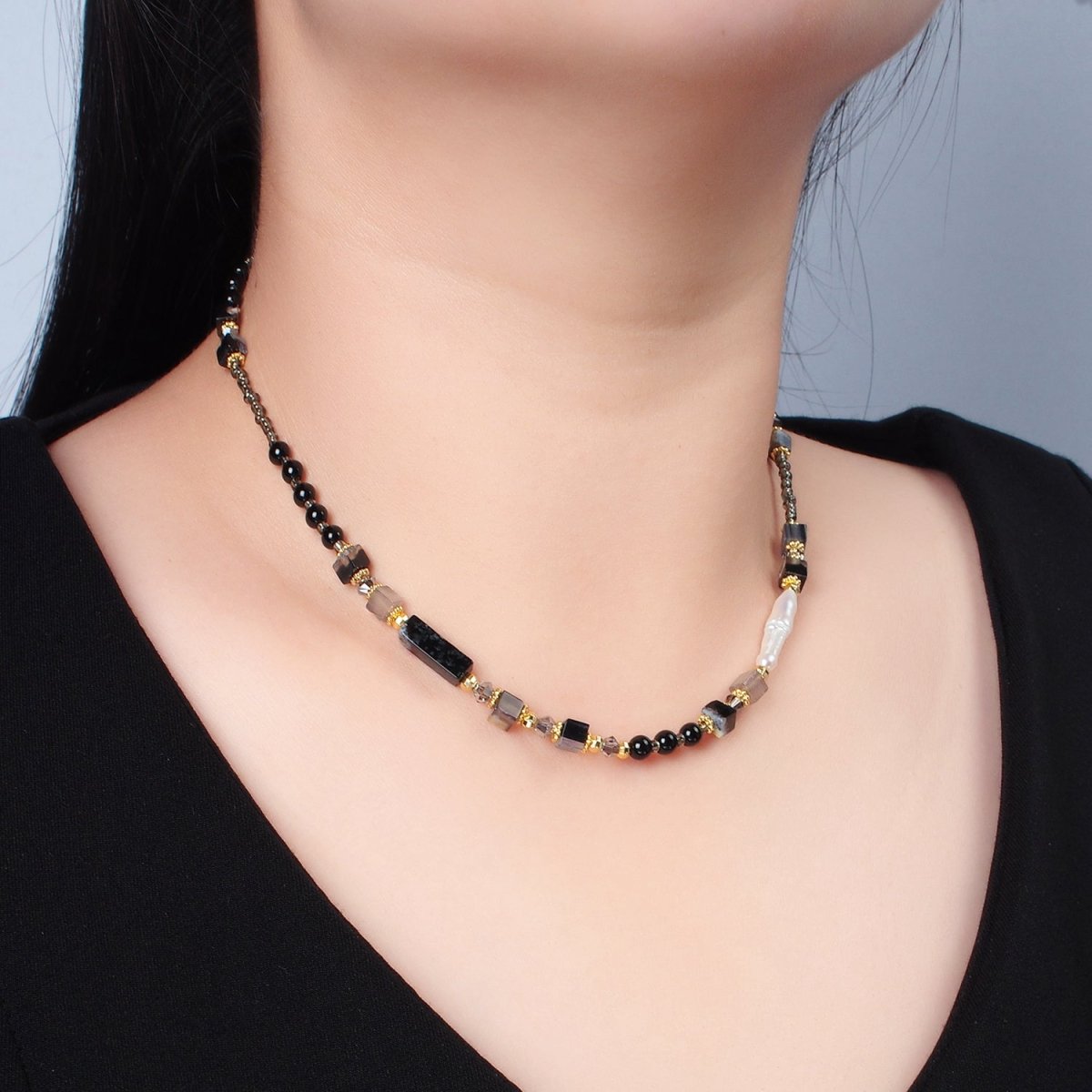 Handmade Black Onyx Beaded Chain Necklace with Mother of Pearl 14.96 Inch with Extender | WA2579 - DLUXCA