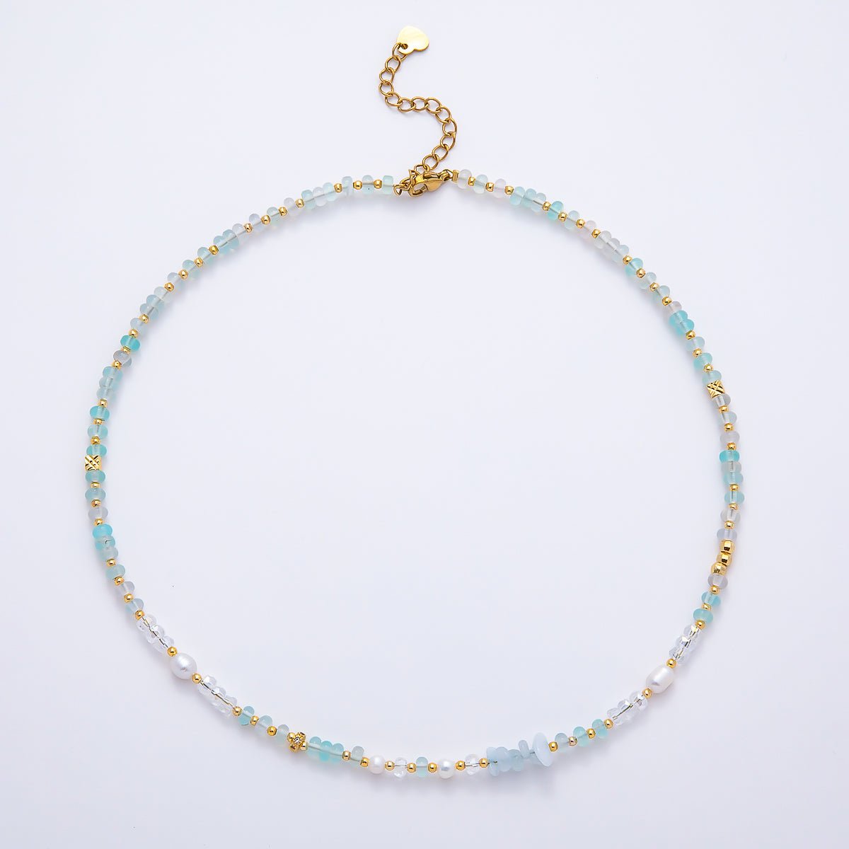 Handmade Blue Aquamarine AB Shell Pearl Rondelle Multifaceted Gemstone Chain 15.5 Inch Necklace | WA-04730 - DLUXCA