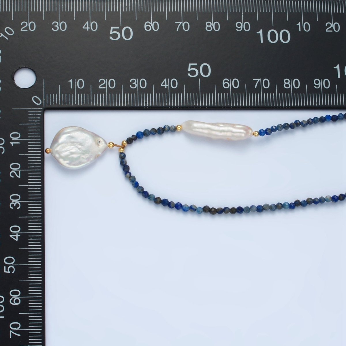 Handmade Blue Lapis Lazuli Beaded Chain Necklace with Fresh Water Pearl 15.35 inch | WA2566 - DLUXCA